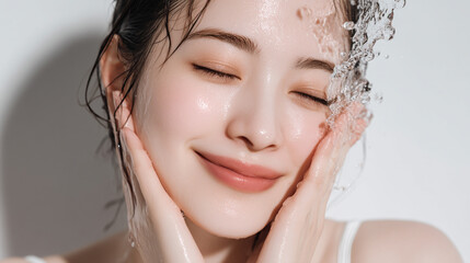 洗顔する美しい笑顔の女性の美肌と清潔感。美容・コスメ・スキンケア広告用写真
