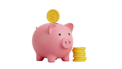 Pink Piggy Bank with Dollar Coin and Stack of Coins
