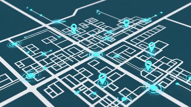 Digital city map grid with neon location pins, glowing navigation dots and digital routing overlay illustrating urban navigation, smart connectivity and networked city pin wayfinding