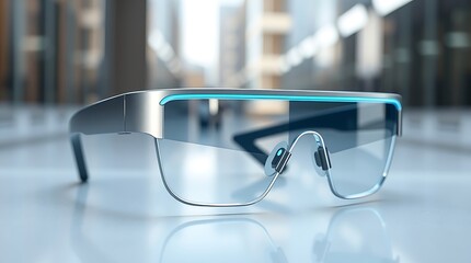 Futuristic Smart Glasses in High-Tech Workspace, Smart glasses, Virtual assistant interface projected on AR glasses in a smart office.