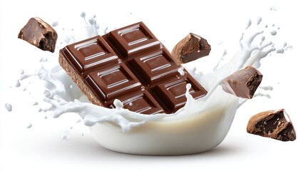 Rich Dark Chocolate Bar Splashing Into Creamy Milk With Crumbs Flying Isolated On White Background