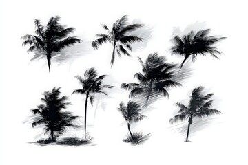 Silhouette Palm Trees Set on White Background with Ink Brush Texture