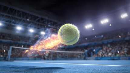 Fast Tennis Ball Moves Across Blue Court Leaving Bright Trail Of Fire 