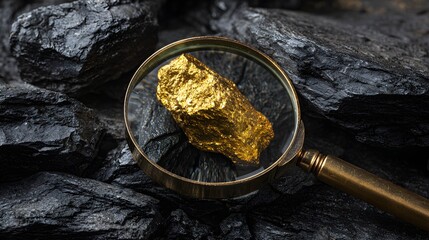 Large Shiny Golden Nugget Is Examined Closely Through A Vintage Magnifying Glass 