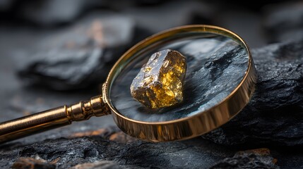 Large Shiny Golden Nugget Is Examined Closely Through A Vintage Magnifying Glass 