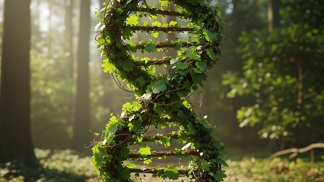 DNA Helix Structure Covered in Green Vines and Leaves, Representing Genetic Engineering and Natural Sciences - Powered by Adobe