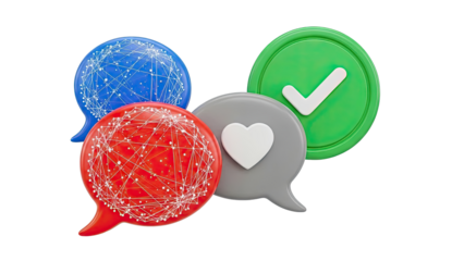 3D Social Media Icons: Chat Bubbles, Heart, and Checkmark
