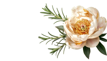 Cream peony with rosemary and leaves, partially obscured by black background