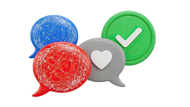 3D Social Media Icons: Chat Bubbles, Heart, and Checkmark - Powered by Adobe