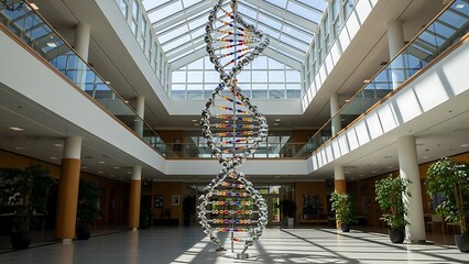 Impressive DNA helix sculpture in a modern building atrium, symbolizing scientific discovery and advancement