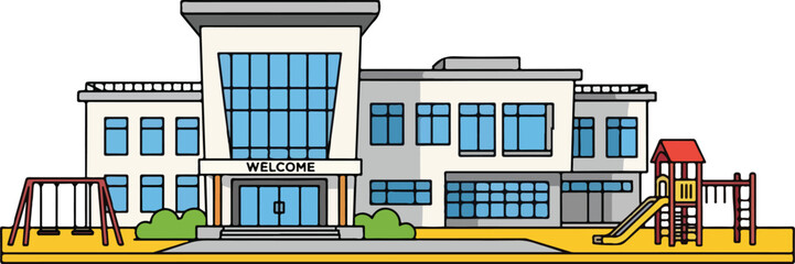 Modern School Building with Playground Equipment.