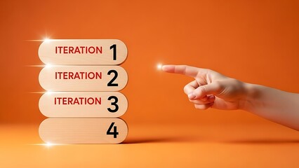 Business person pointing toward sequential wooden blocks labeled iteration one two three and four against a vibrant orange background symbolizing project planning.