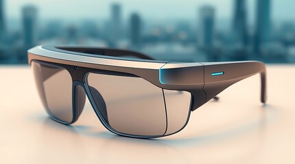 Futuristic Smart Glasses in High-Tech Workspace, Smart glasses, Virtual assistant interface projected on AR glasses in a smart office.
