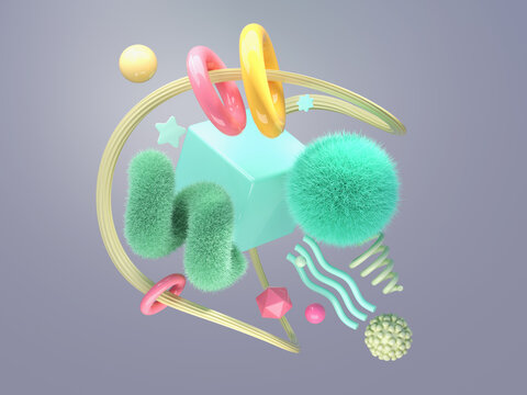 Colorful Geometric Shapes and Patterns Create a Playful 3D Scene
