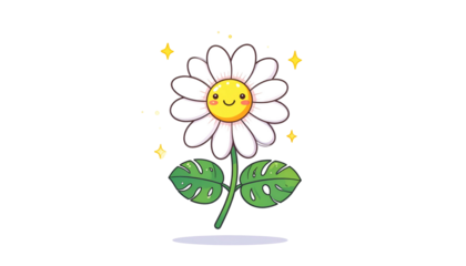 Cartoon daisy with a smiling face, white petals, green stem and leaves, sparkles, on black