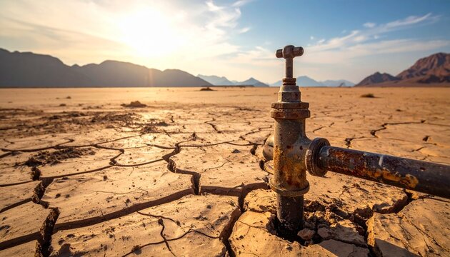 Dry cracked earth with a rusty water tap, symbolizing drought and water scarcity in a desolate landscape.