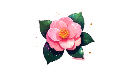 Pink and gold floral illustration with dark green leaves on black background