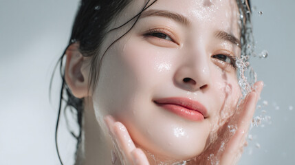 洗顔する美しい女性の美肌と清潔感。美容・コスメ・スキンケア広告用写真