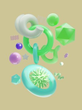 Colorful 3D Shapes and Forms Floating Against a Beige Background