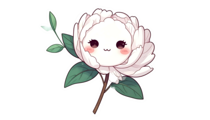 Whimsical cartoon illustration of a white flower with a cute, smiling face