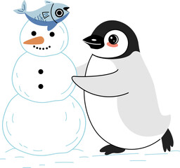 Cute Cartoon Penguin Building a Snowman with Fish Vector Illustration