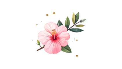 Watercolor sticker of a pink hibiscus flower with green leaves and golden sparkles