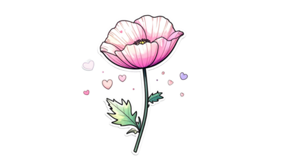 Delicate pink poppy flower illustration with scattered heart-shaped petals on black background
