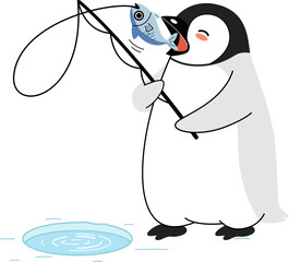 Cute Cartoon Penguin Ice Fishing and Catching a Fish Illustration