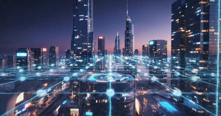 Futuristic city skyline at twilight with glowing data streams and vibrant lights illuminating buildings - Powered by Adobe