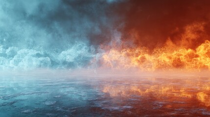 Fototapeta premium Dramatic fire and ice landscape with fog and godrays, 3d illustration of fiery flames and icy mist in a mystical atmospheric setting