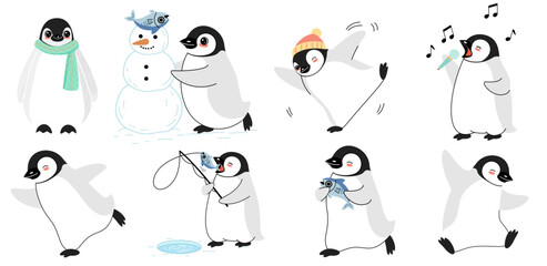 Cute Cartoon Penguin Characters and Winter Activities Illustration Set