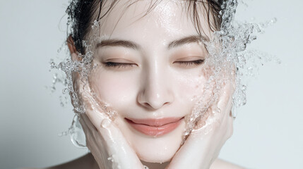 洗顔する美しい女性の美肌と清潔感。美容・コスメ・スキンケア広告用写真