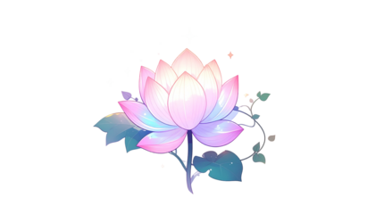 A stylized, glowing lotus flower with pink, blue, and white petals on a black background