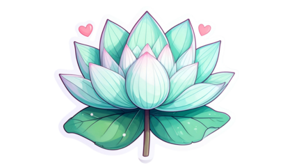 A pastel lotus flower, with light blue petals, small hearts, and stylized green leaves