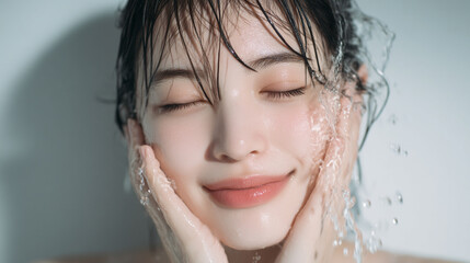 洗顔する美しい女性の美肌と清潔感。美容・コスメ・スキンケア広告用写真