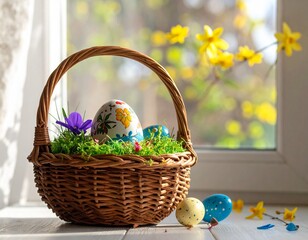 Easter Basket Filled with Decorated Eggs and Greenery on a Sunny Window Sill.