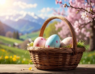 Easter Basket with Colorful Eggs on a Wooden Table in a Scenic Landscape.