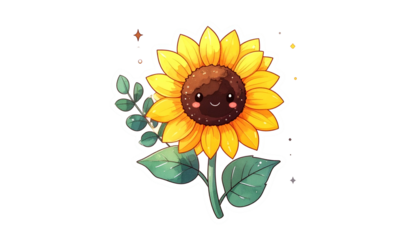Whimsical cartoon sunflower with cheerful face, leaves, and sparkles against a black background