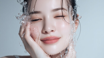 洗顔する美しい女性の美肌と清潔感。美容・コスメ・スキンケア広告用写真