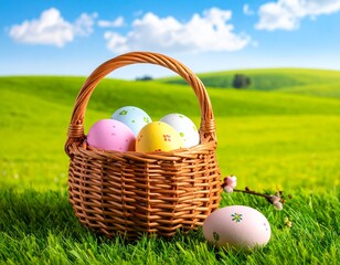 Easter Basket with Colorful Eggs on Green Grass Field Under Blue Sky and White Clouds.