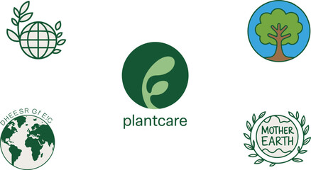A collection of diverse green and blue globe and plant logos promoting environmental care and sustainability