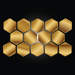 Seamless geometric wallpaper design featuring an abstract golden honeycomb pattern with metallic hexagons and 3D gold cubes forming a sweet beehive texture for a luxury vector backdrop