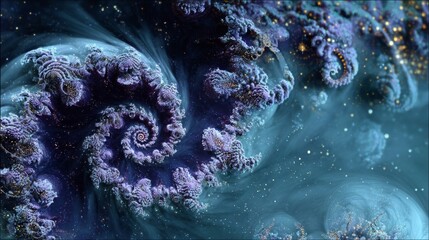 Abstract fractal landscape with glowing patterns and vibrant colors, creating a magical, otherworldly atmosphere of infinite depth and mesmerizing geometric shapes