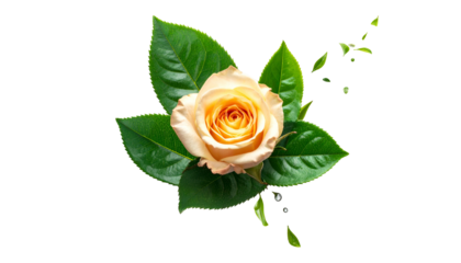 A pale orange rose, nestled amidst vibrant green leaves and a black background