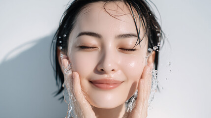 洗顔する美しい笑顔の女性の美肌と清潔感。美容・コスメ・スキンケア広告用写真