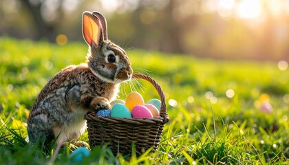 Easter Bunny with Basket of Colorful Eggs in a Green Meadow.