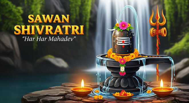 1A captivating sawan shivratri scene featuring a shiva lingam bathed in light against a backdrop of cascading waterfalls, symbolizing purity and divine grace in natures emb