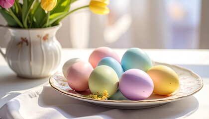 Easter Celebration - A Colorful Display of Painted Eggs on a Decorative Plate with Flowers.