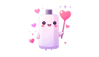 Kawaii cartoon bottle character with cute face, holding heart wand, surrounded by hearts