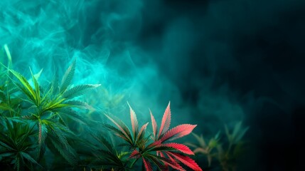 Vibrant multicolored cannabis leaves with swirling smoke on an atmospheric green background, creating a moody and visually striking composition with space for text or design overlay
